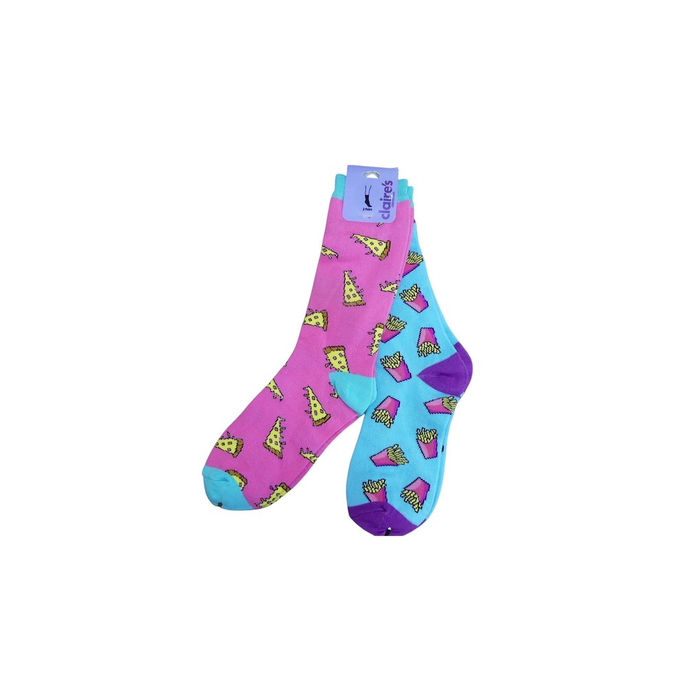 Claire's Crew Socks Girls OS Pink Blue NEW 2 Pairs Pizza French Fries Novelty
